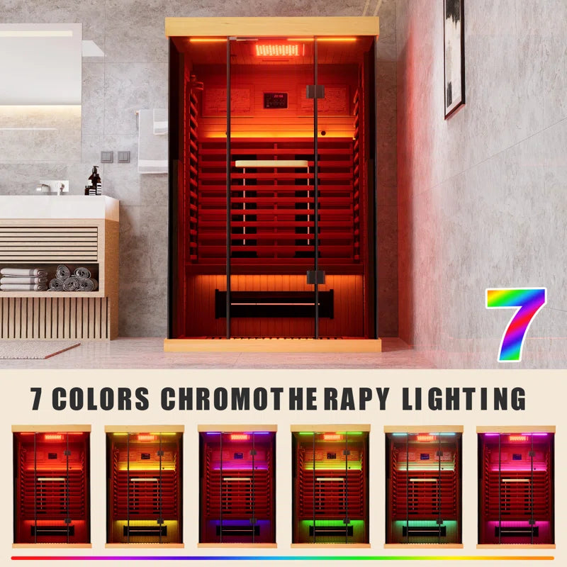 Full Spectrum Infrared Sauna,1-2 Person Home Sauna,Wooden Canadian Hemlock Indoor Spa Sauna with Resonance Speaker, Panoramic Tempered Glass Door