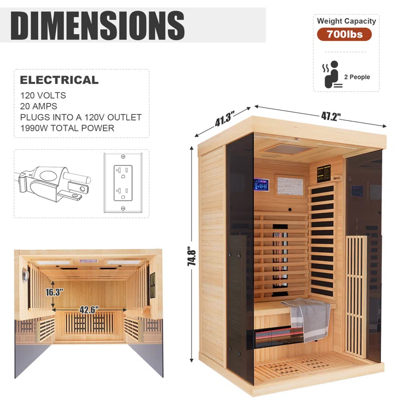 Full Spectrum Infrared Sauna,1-2 Person Home Sauna,Wooden Canadian Hemlock Indoor Spa Sauna with Resonance Speaker, Panoramic Tempered Glass Door