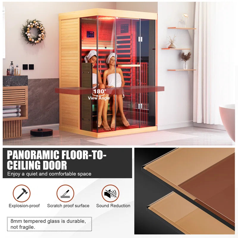Full Spectrum Infrared Sauna,1-2 Person Home Sauna,Wooden Canadian Hemlock Indoor Spa Sauna with Resonance Speaker, Panoramic Tempered Glass Door