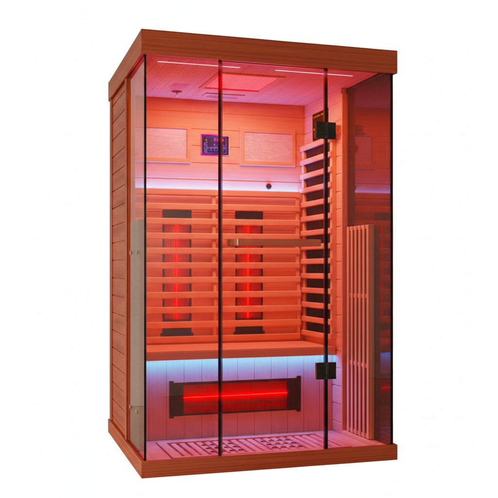 Full Spectrum Infrared Sauna,1-2 Person Home Sauna,Wooden Canadian Hemlock Indoor Spa Sauna with Resonance Speaker, Panoramic Tempered Glass Door