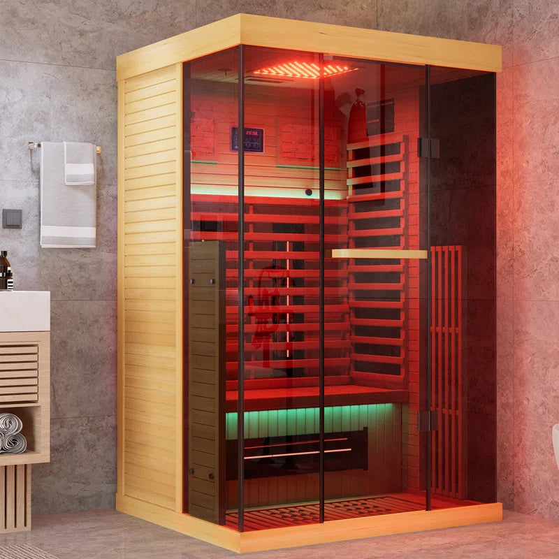 Full Spectrum Infrared Sauna，1-2 Person Home Sauna，Wooden Canadian Hemlock Indoor Spa Sauna with Resonance Speaker, Panoramic Tempered Glass Door