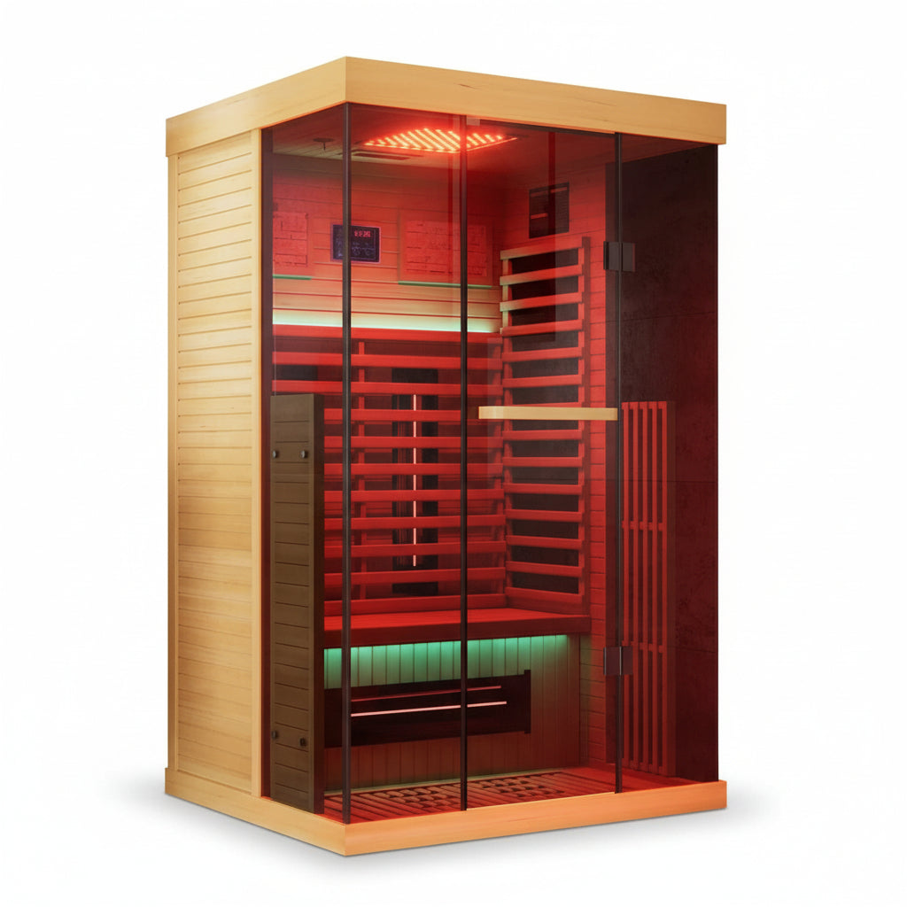 Full Spectrum Infrared Sauna，1-2 Person Home Sauna，Wooden Canadian Hemlock Indoor Spa Sauna with Resonance Speaker, Panoramic Tempered Glass Door